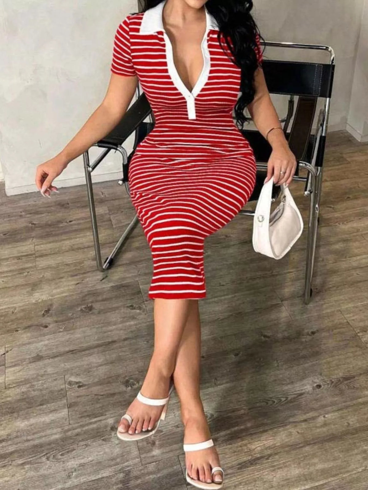 Striped Polo Collar Midi Dress by Plush Fashion Hub, featuring a classic polo collar and stylish midi length, on a model.