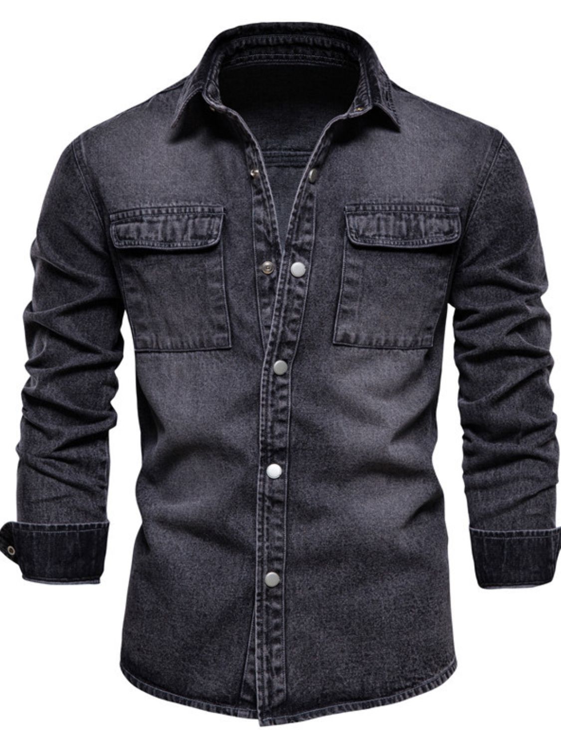 Men's denim button-down jacket with chest pockets from Plush Fashion Hub, featuring a classic casual style and durable fabric.