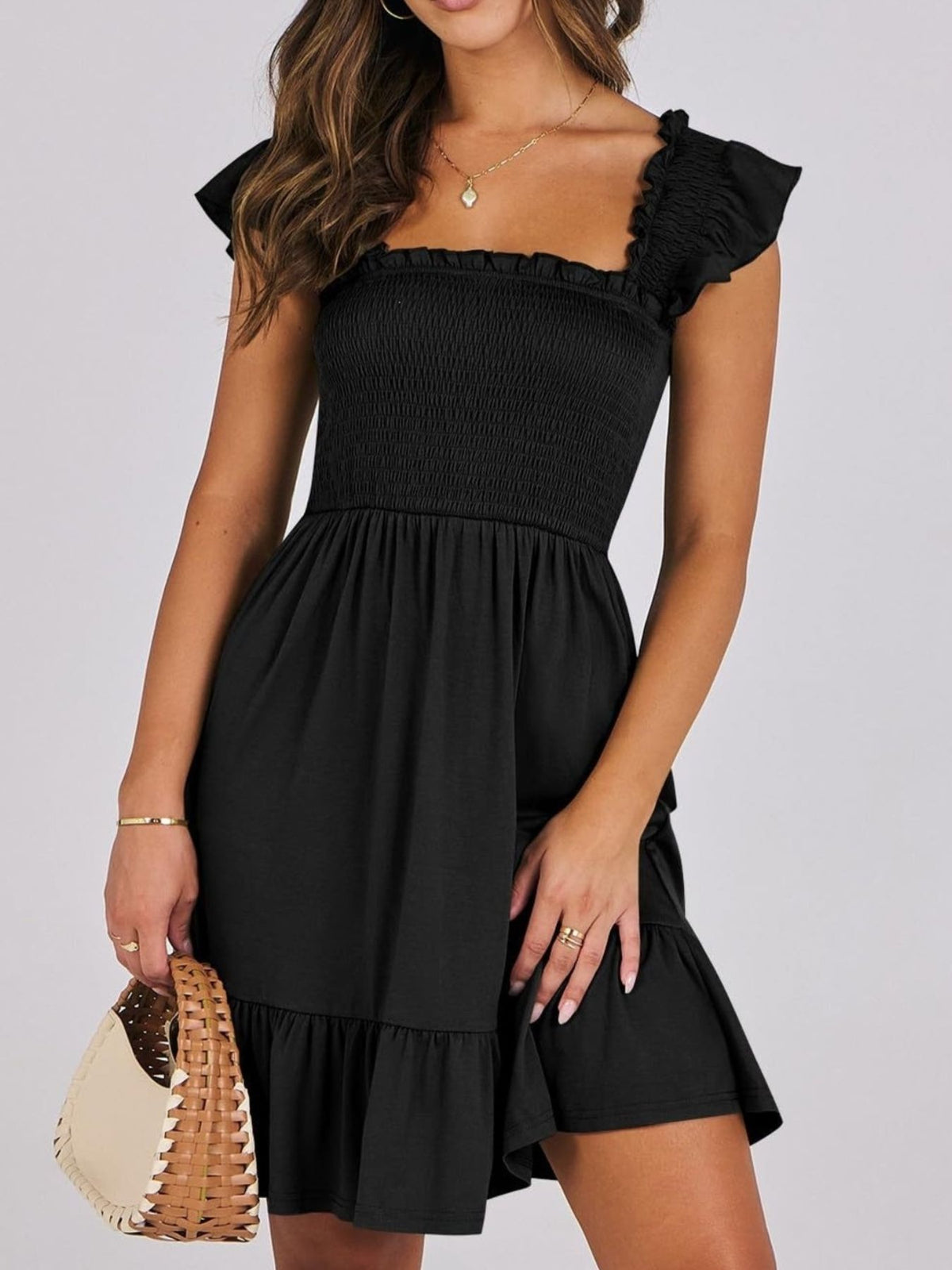 Women's lightweight summer dress with smocked bodice and ruffle hem, casual mini dress by Plush Fashion Hub.
