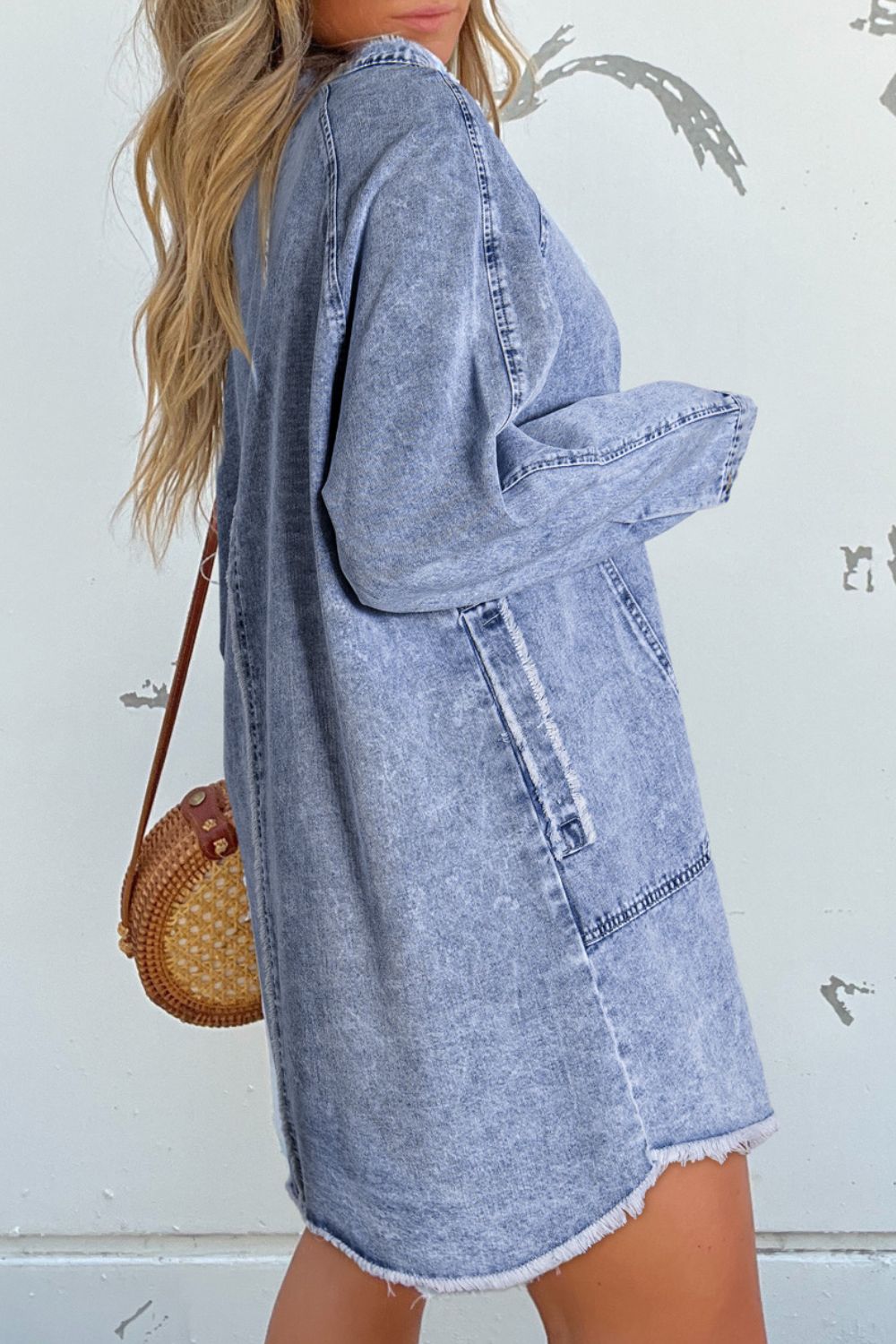 Raw hem button-down long sleeve denim dress by Plush Fashion Hub, featuring a casual fit and classic denim fabric.
