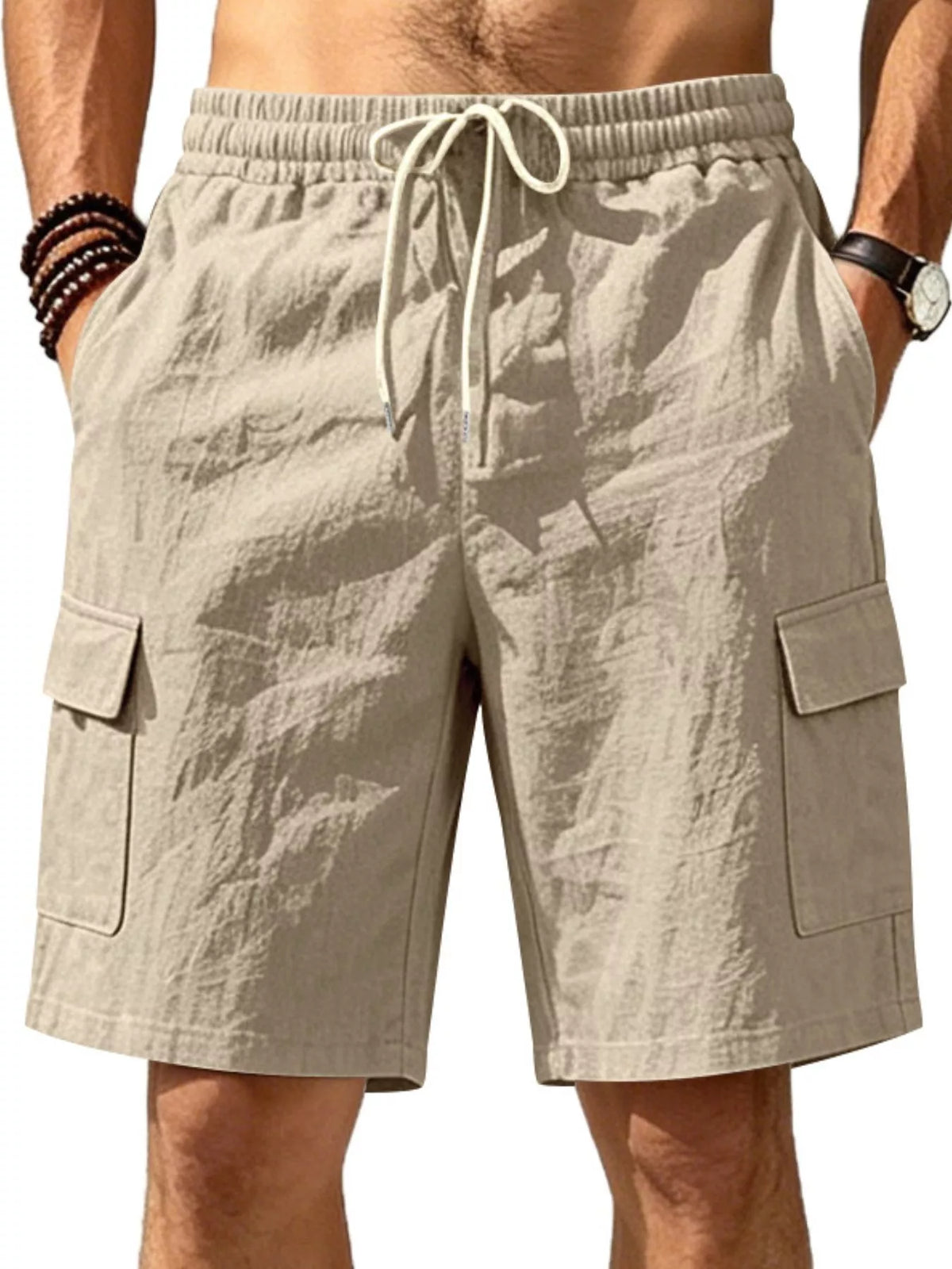 Men's plus size casual cargo shorts with drawstring waist from Plush Fashion Hub, featuring multiple pockets and relaxed fit.