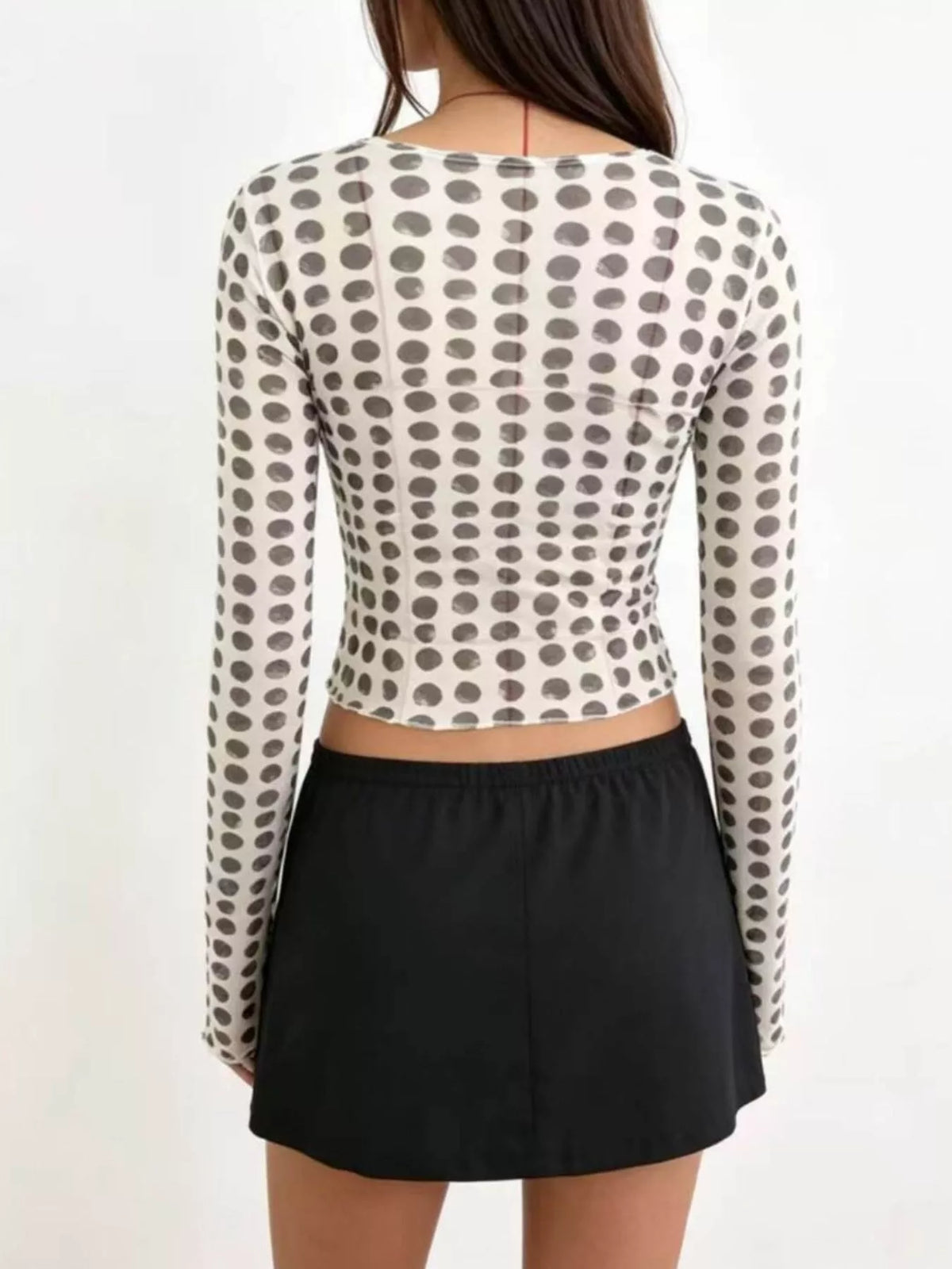 Polka dot mesh flare sleeve top by Plush Fashion Hub with stylish bell sleeves and lightweight fabric.
