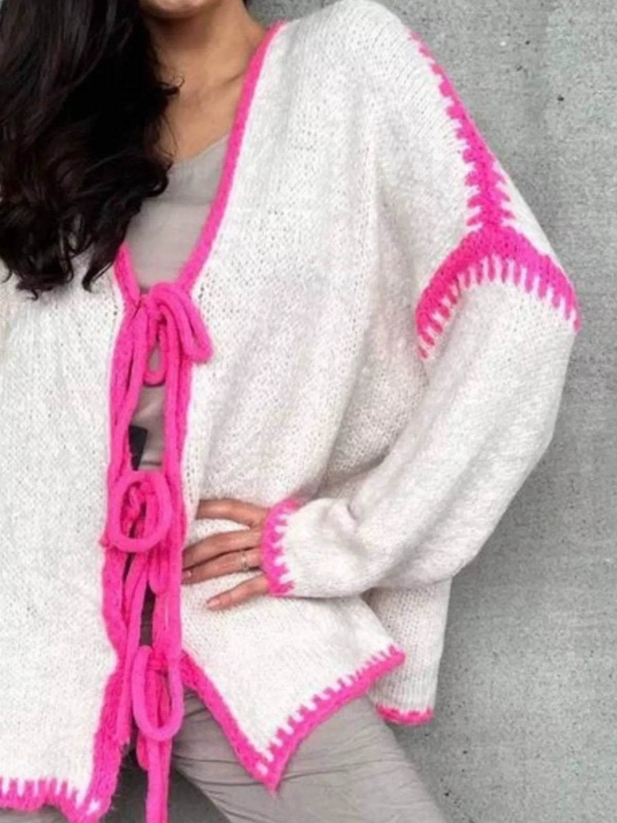Trendsi tie front drop shoulder cardigan in soft knit fabric, featuring a relaxed fit with a tied front design and long sleeves.