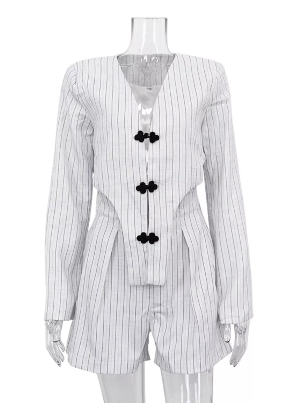 Pinstripe cropped blazer and pleated shorts set by Trendsi, featuring tailored design and stylish pinstripe pattern.