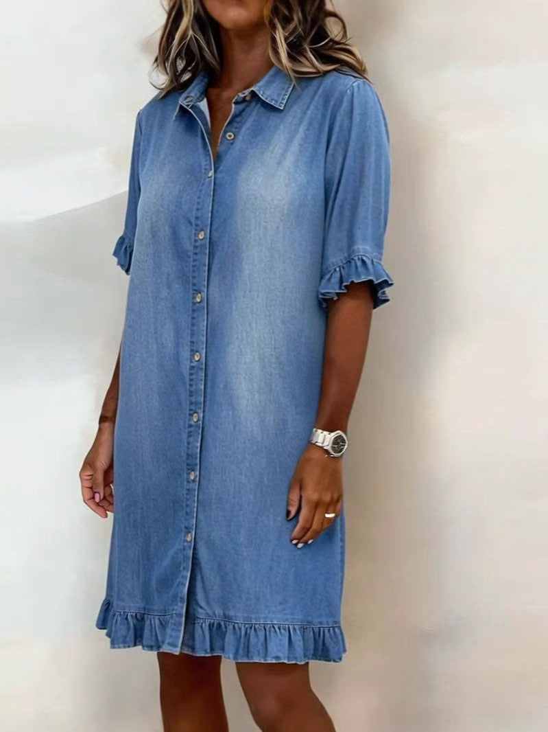 Women's faux denim ruffle-sleeve shirt dress by FitiqueFit, casualwear with ruffle details, front buttons, and a relaxed fit.