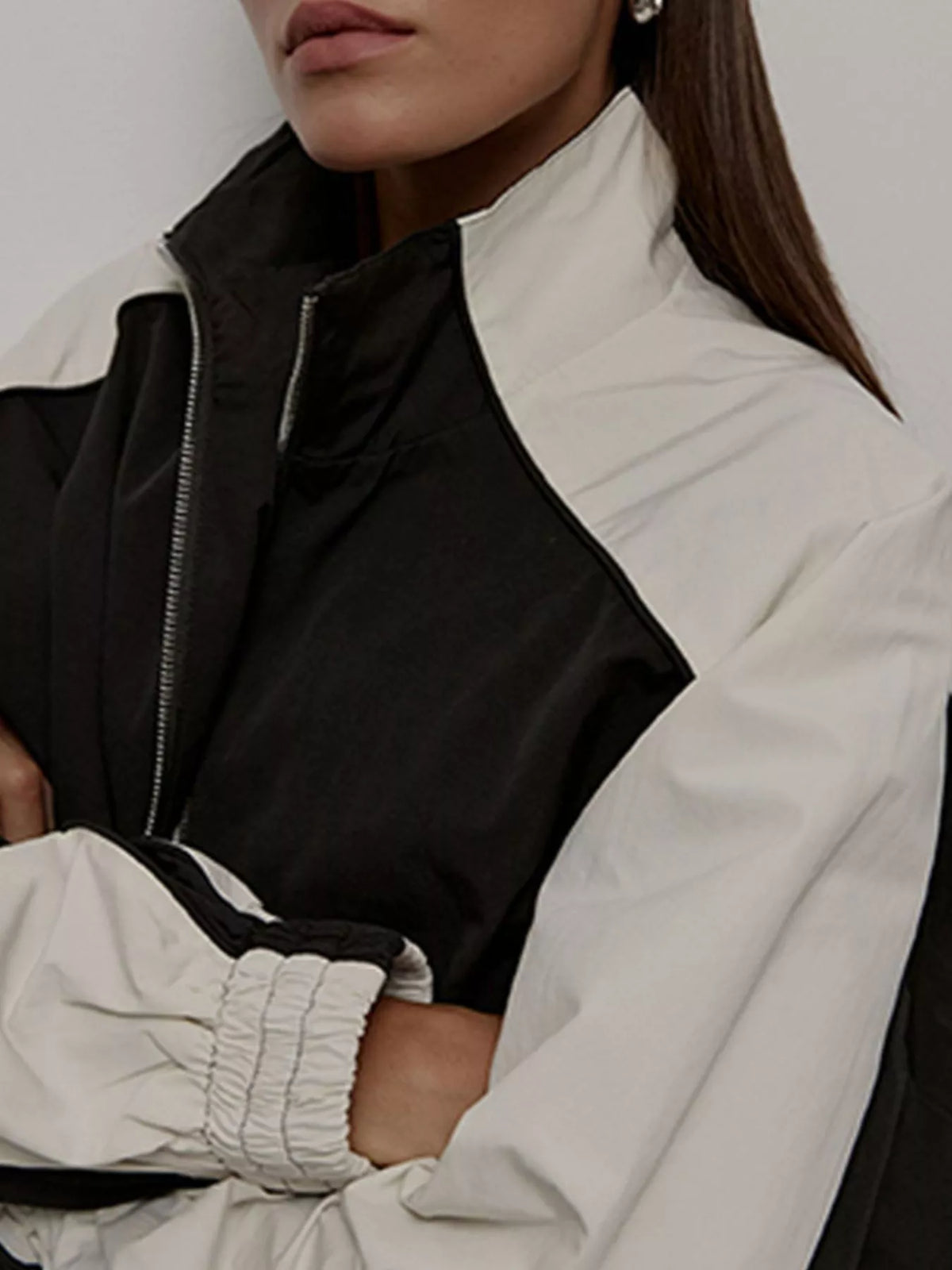 Color block zip-up outerwear and pants set from Plush Fashion Hub, featuring vibrant color blocks and a casual sporty style.