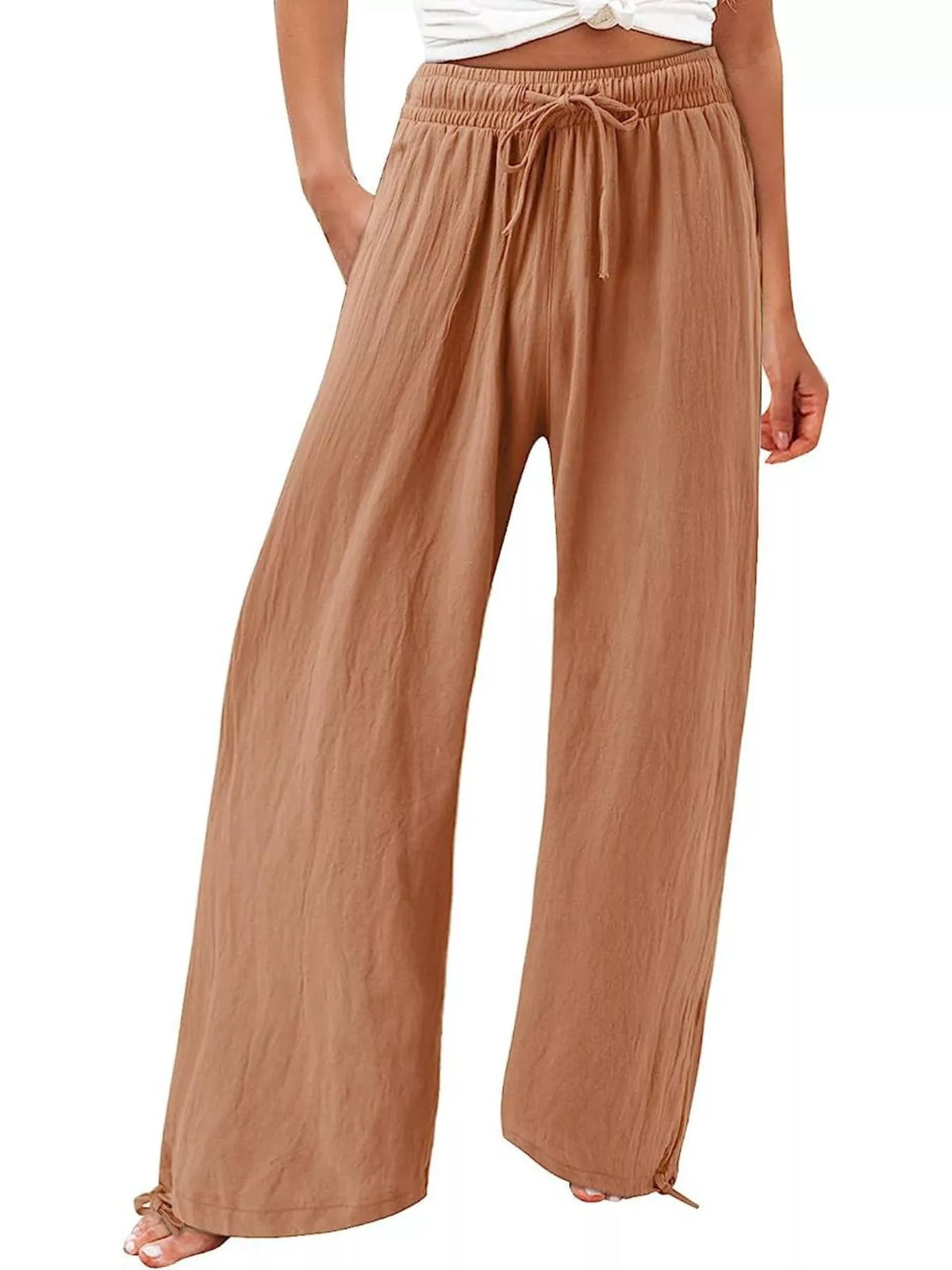 Plush Fashion Hub full size wide leg pants with drawstring waist, soft plush fabric, and plus size fit, shown on a model.