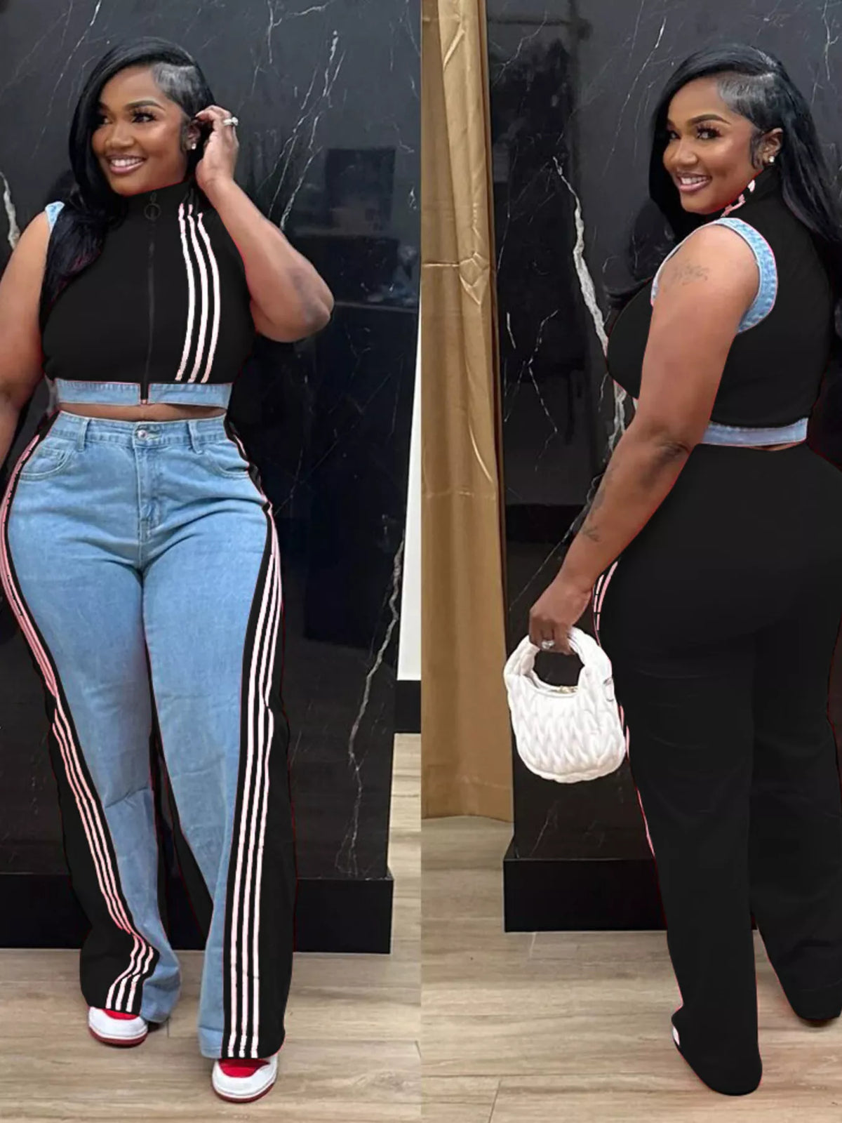 Zip front crop top and striped pants set by Plush Fashion Hub, featuring a stylish two-piece outfit with a crop top and matching striped pants.