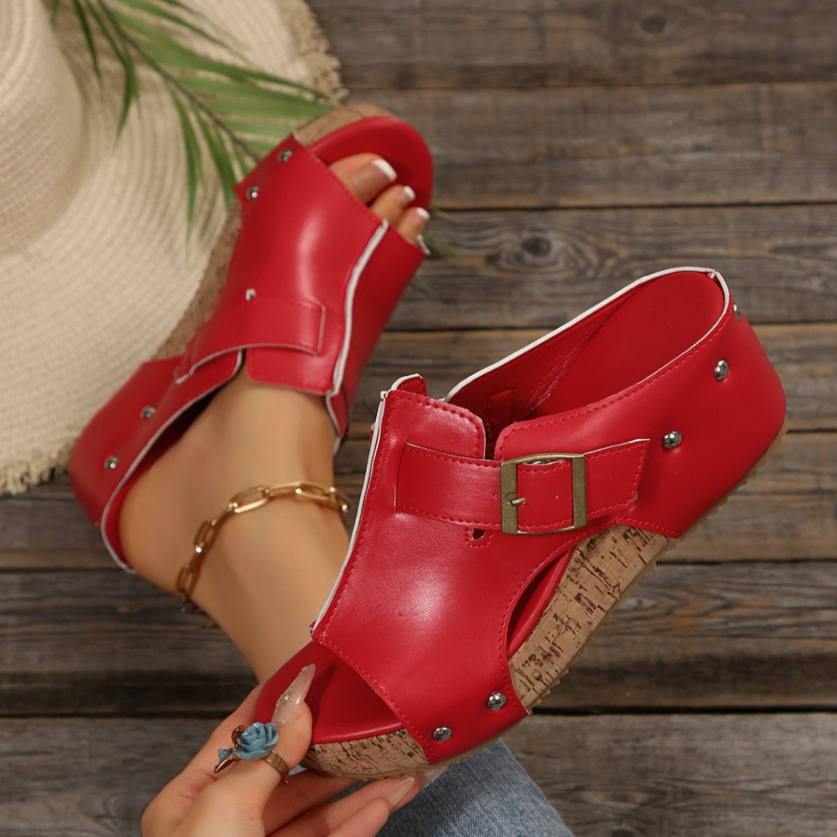 Women’s open toe PU leather wedge sandals with high heels, stylish and comfortable footwear by Plush Fashion Hub.
