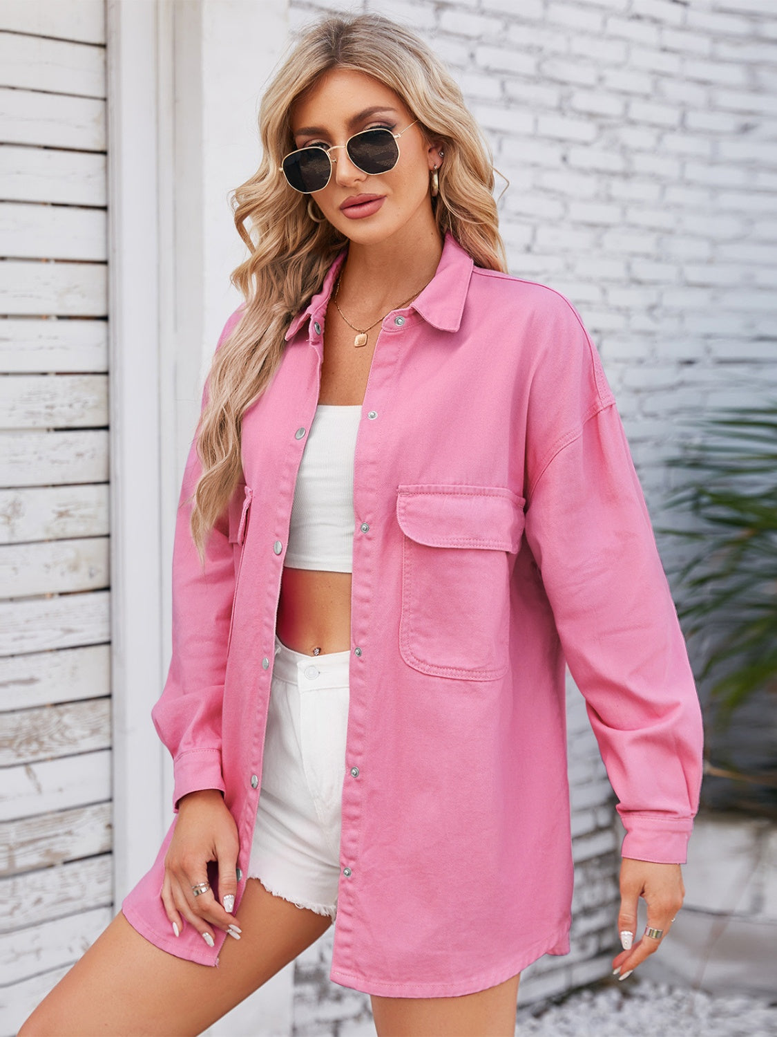 Plush Fashion Hub denim shacket with snap buttons, dropped shoulders, and front pockets, featuring a pocketed snap down design.
