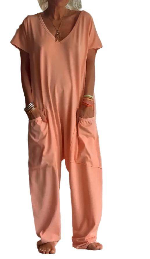 Womens Solid Color V-neck Oversized Pocket Jumpsuit - Plush Fashions Shop 