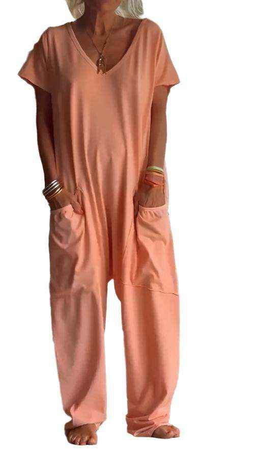 Womens Solid Color V-neck Oversized Pocket Jumpsuit