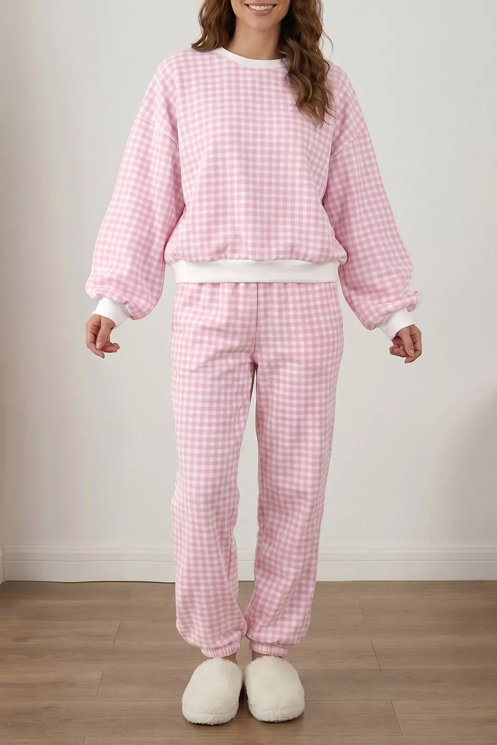 Women’s gingham round neck top and pants set by Trendsi, featuring a stylish coordinated outfit with a relaxed fit.