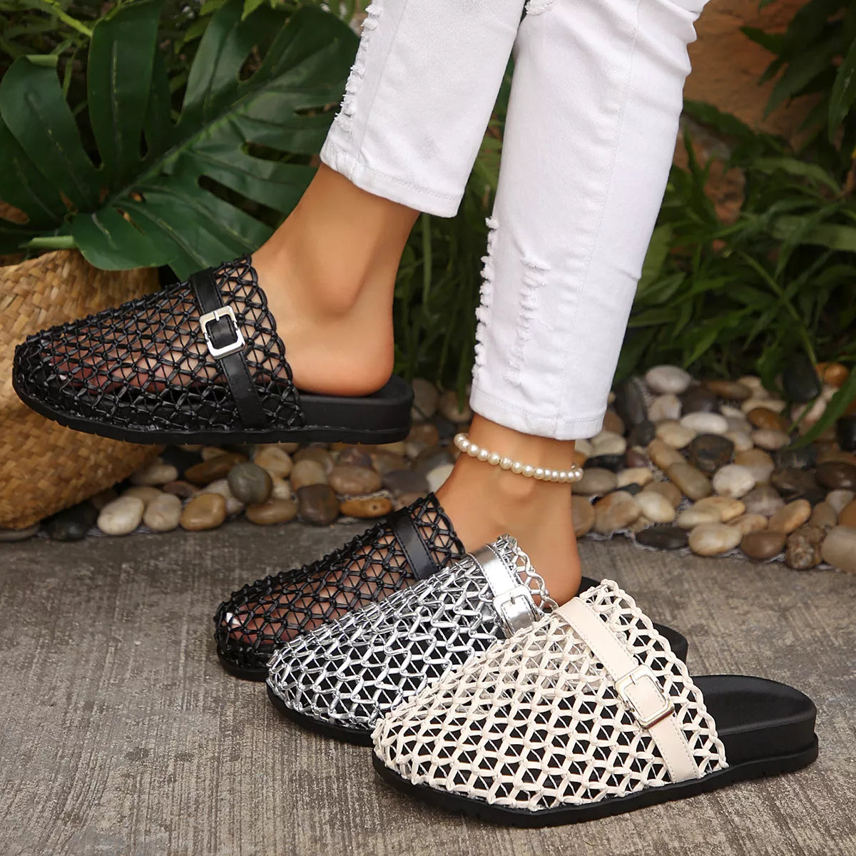 Plush Fashion Hub round toe buckle sandals featuring a stylish design with ankle straps and metallic buckle accents.