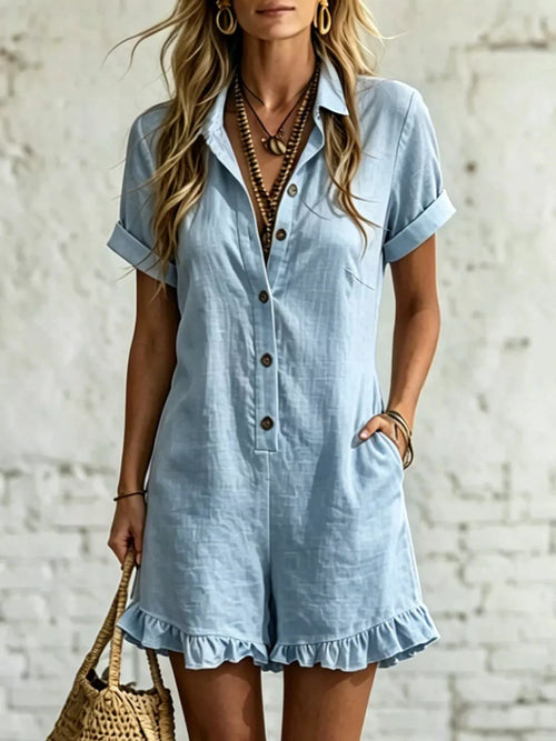 Plus size button-front ruffled hem romper, casualwear by Trendsi, featuring a full size, relaxed fit, and stylish design.