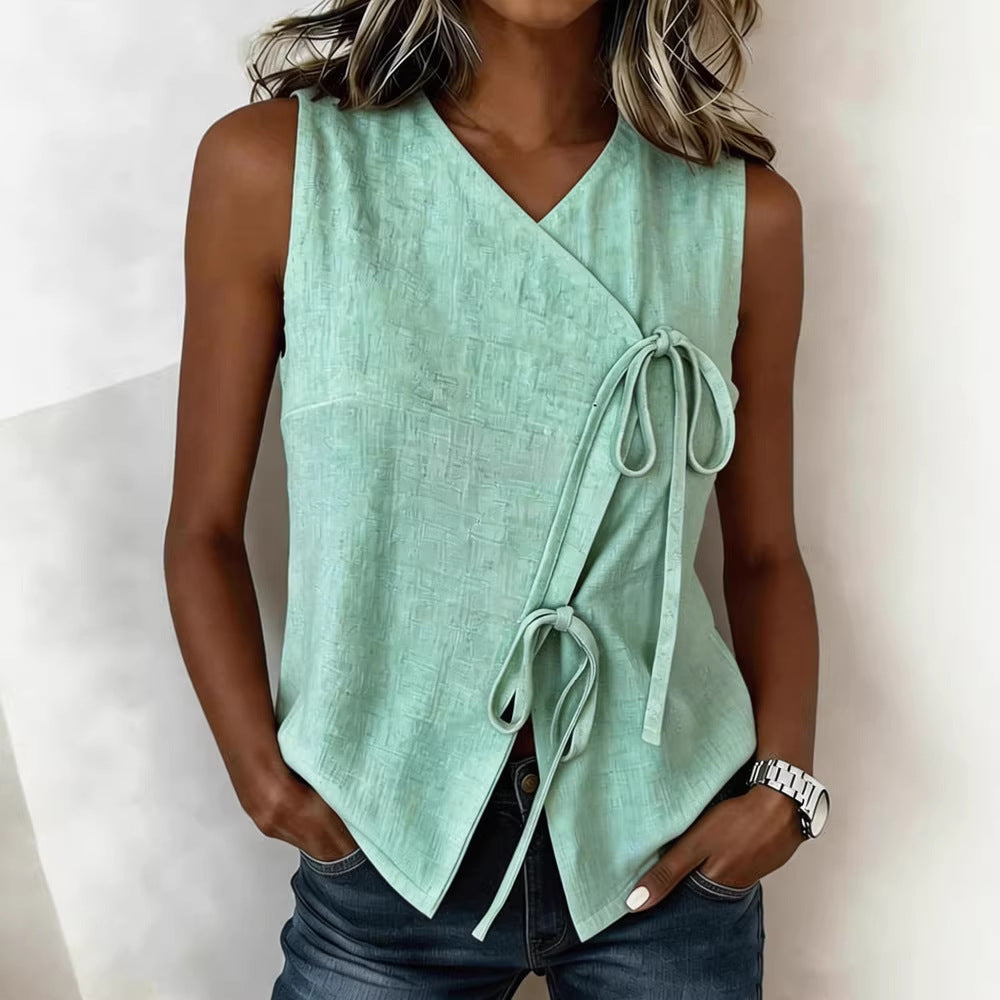 FitiqueFit bow-tied V-neck sleeveless tank top in five colors, casualwear, showing front view with bow detail and V-neck design.
