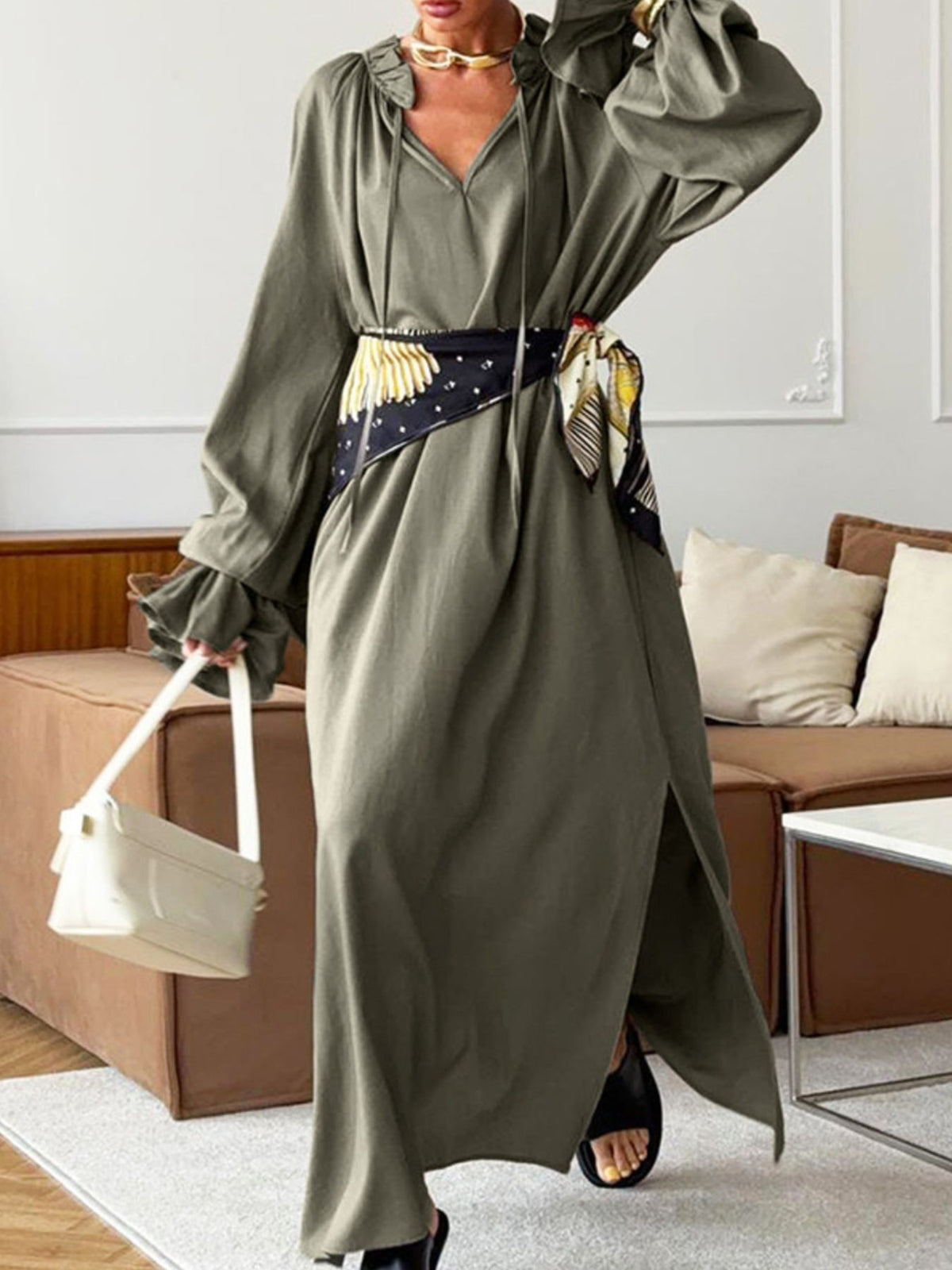 Cotton linen maxi dress with tie neck and flounce sleeves by Plush Fashion Hub, featuring a flowy silhouette and casual elegance.