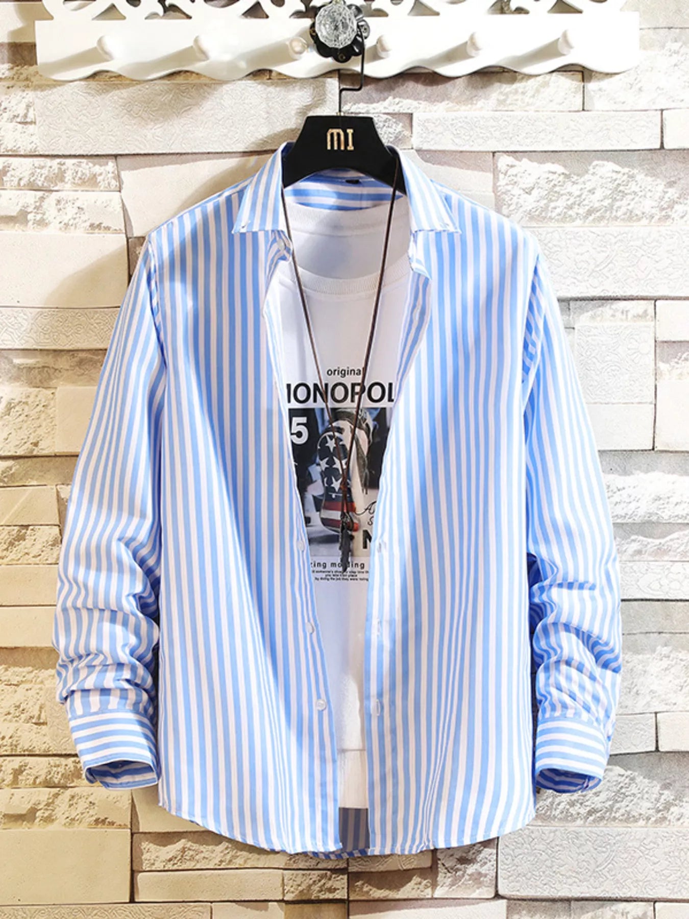 Men's plus size striped button-up casual shirt by Trendsi, featuring a comfortable fit and stylish design in a natural pose.