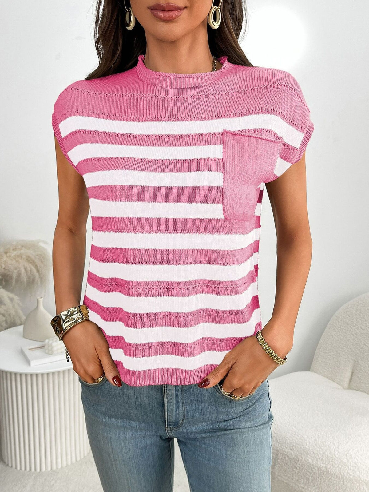 Women’s striped knit cap sleeve sweater with pocket detail, plush fashion hub outerwear, cozy and stylish for casual wear