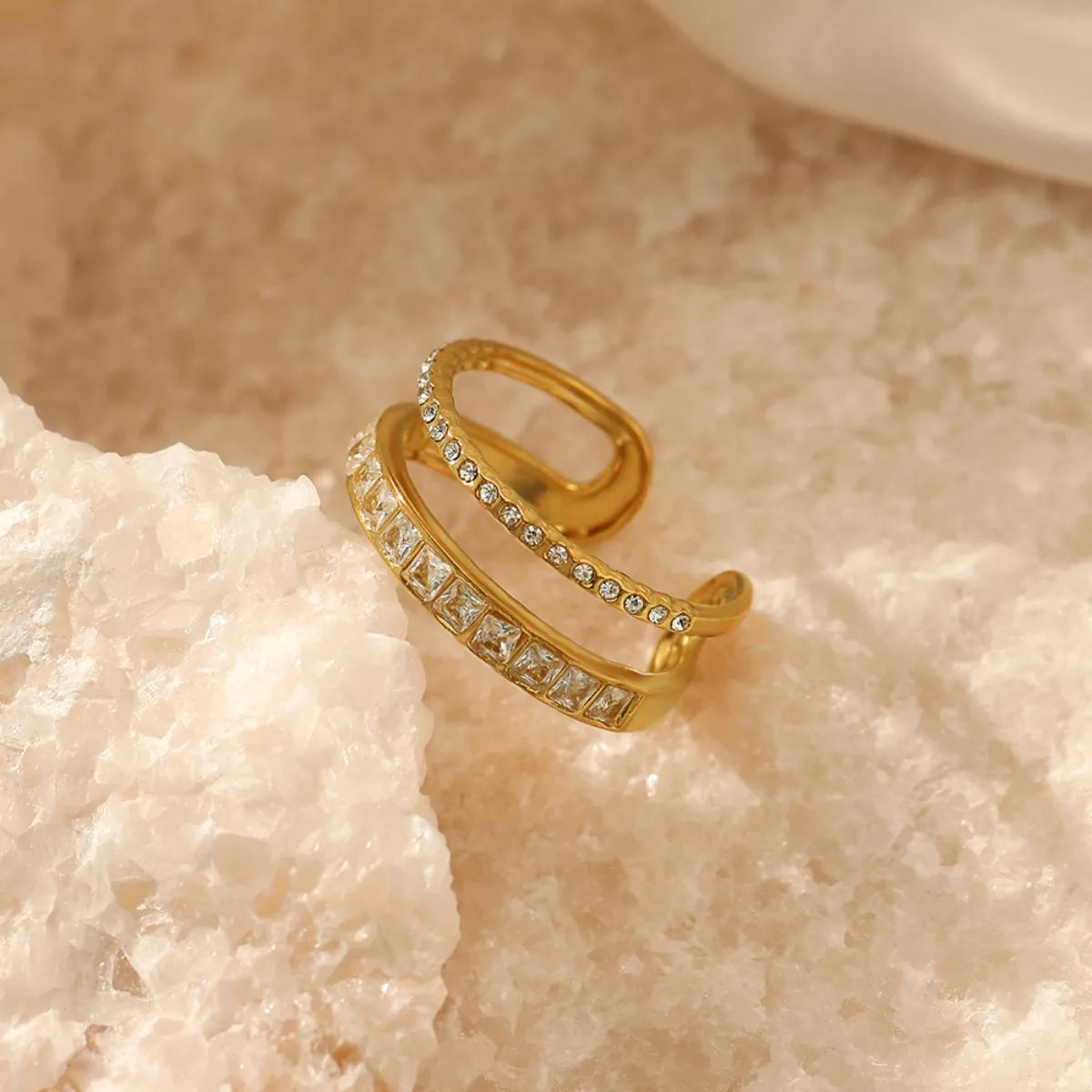 18K gold-plated rhinestone open ring with sparkling stones, stylish jewelry piece from Plush Fashion Hub.