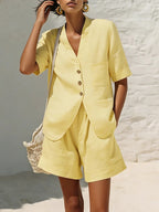 Women's cotton-linen casual two-piece set with loose-fit T-shirt and cropped shorts by FitiqueFit, displayed on a neutral background.