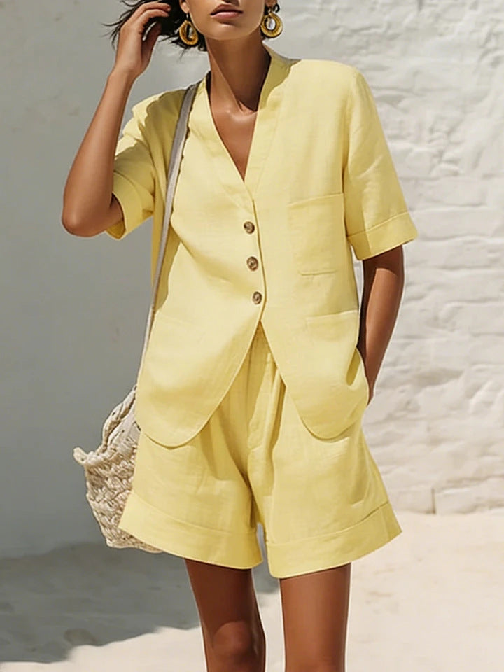 Women's cotton-linen casual two-piece set with loose-fit T-shirt and cropped shorts by FitiqueFit, displayed on a neutral background.