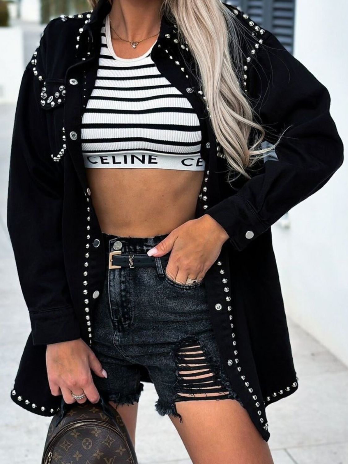 Long sleeve denim shacket with studded snap buttons from Plush Fashion Hub, featuring a casual, fashionable design with studded details.