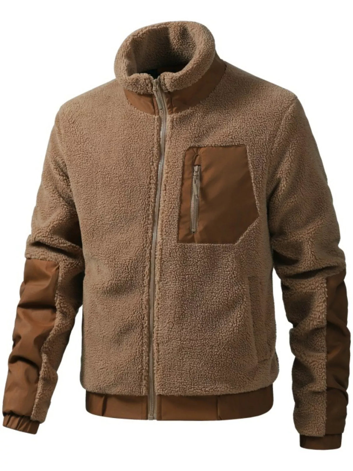Men's sherpa fleece zip-up jacket by Simply Love, showing a cozy, plush interior and stylish exterior in a front view.