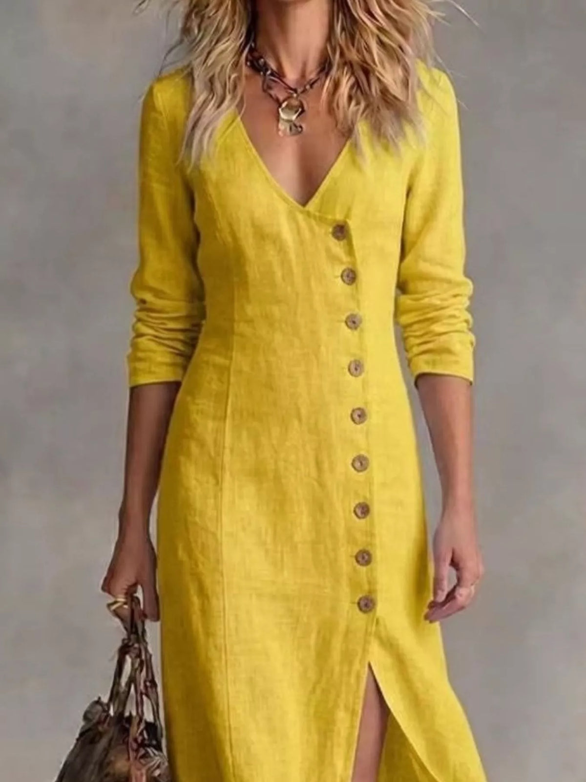 Plus size full-length maxi dress with button front and slit, stylish dress from Plush Fashion Hub featuring a flowy silhouette.