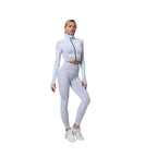 FitiqueFit 2-piece seamless zip-up yoga set for women, featuring comfortable, stretchy activewear ideal for workout and yoga sessions.