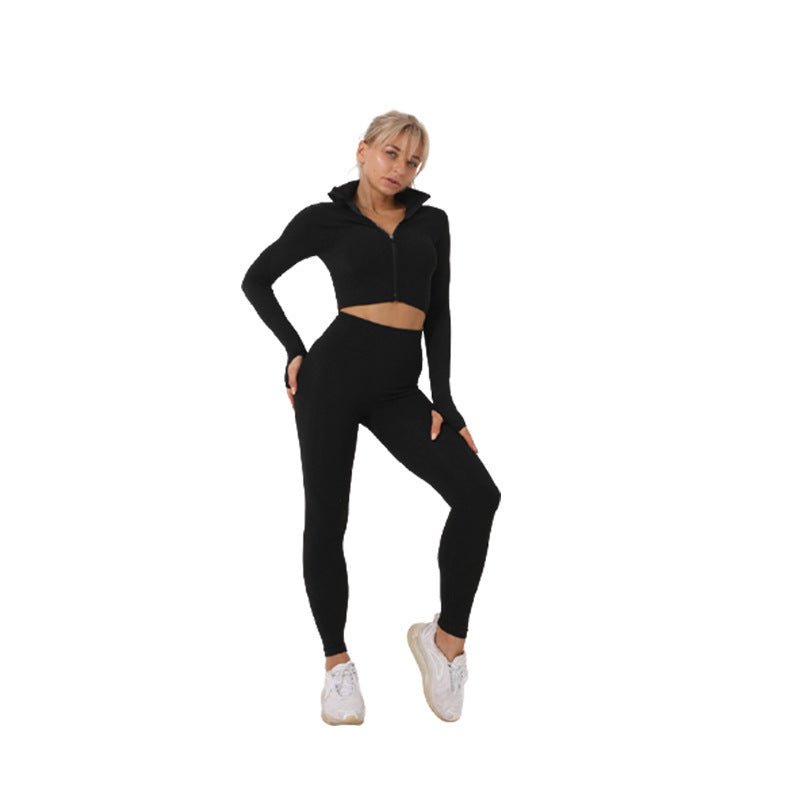FitiqueFit 2-piece seamless zip-up yoga set for women, featuring a fitted top and high-waisted leggings for activewear workouts.