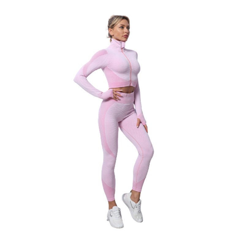 FitiqueFit 2-piece seamless zip-up yoga set for women, featuring a fitted top and matching leggings for activewear workouts.