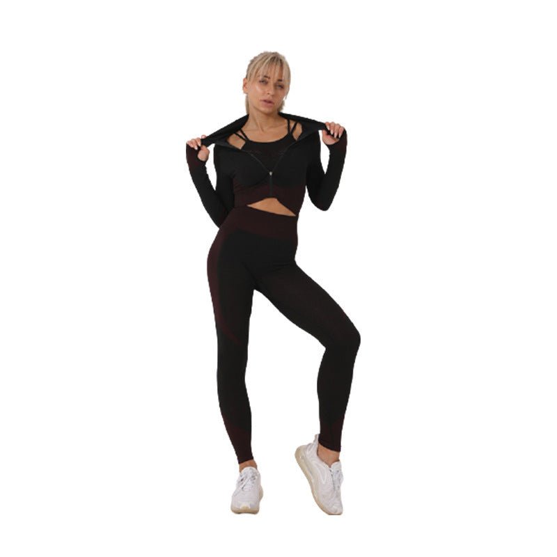 FitiqueFit 2-piece seamless zip-up yoga set for women, activewear with a fitted top and matching leggings for workout comfort.