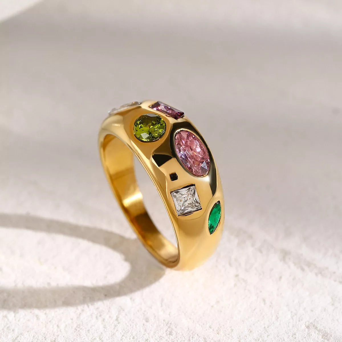 Colorful zircon 18K gold-plated ring featuring vibrant stones, crafted by Plush Fashion Hub for a stylish, eye-catching jewelry piece.