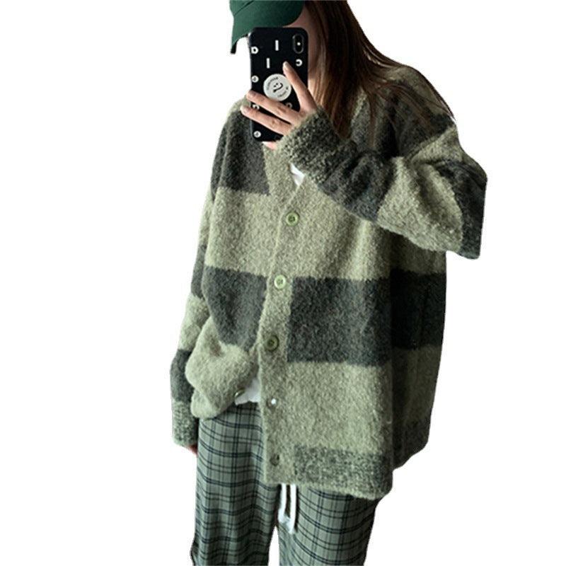 Slim Green Plaid Contrast Knit Women - Plush Fashions Shop 