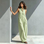 Striped sleeveless V-neck cropped jumpsuit by FitiqueFit in three colors, featuring a loose fit and stylish design.