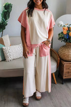 Two-tone color block patchwork tee and drawstring loose pants set by Trendsi, featuring a casual, stylish matching outfit.
