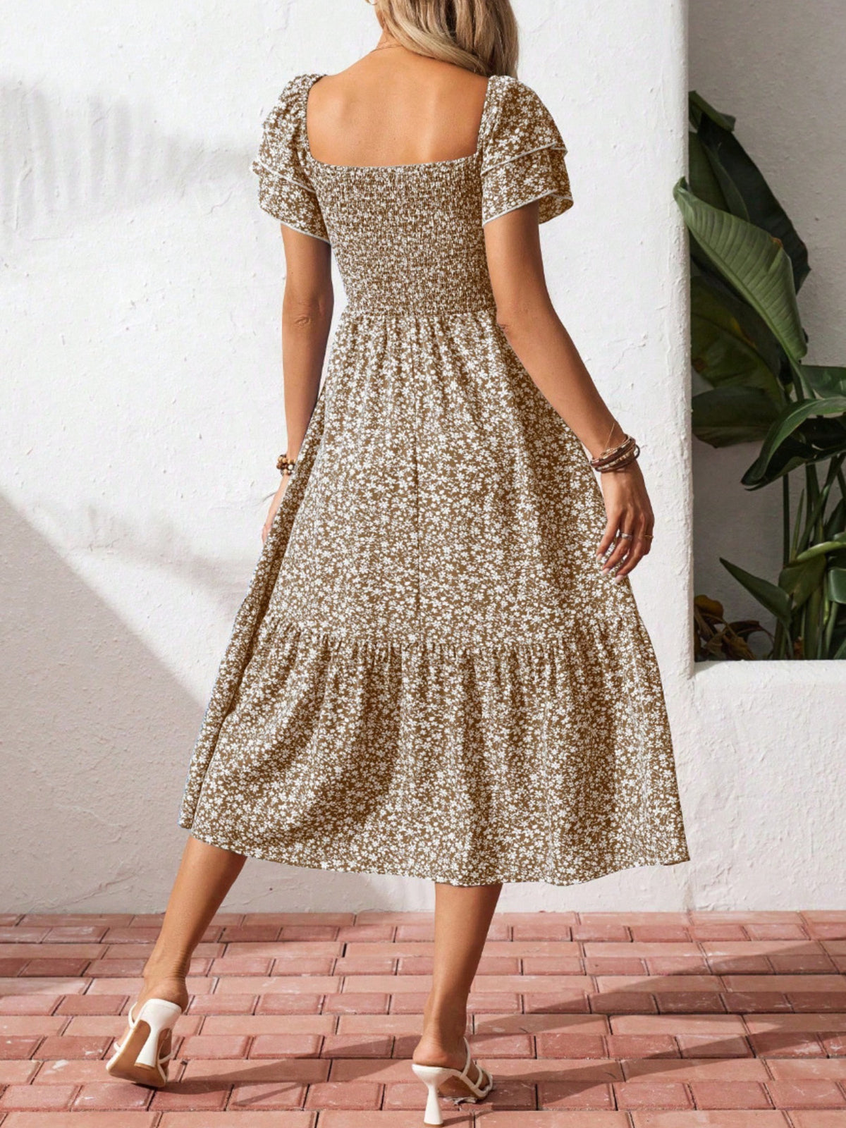 Floral print smocked ruffle sleeve midi dress by Plush Fashion Hub, lightweight summer fashion, perfect for warm-weather outings.