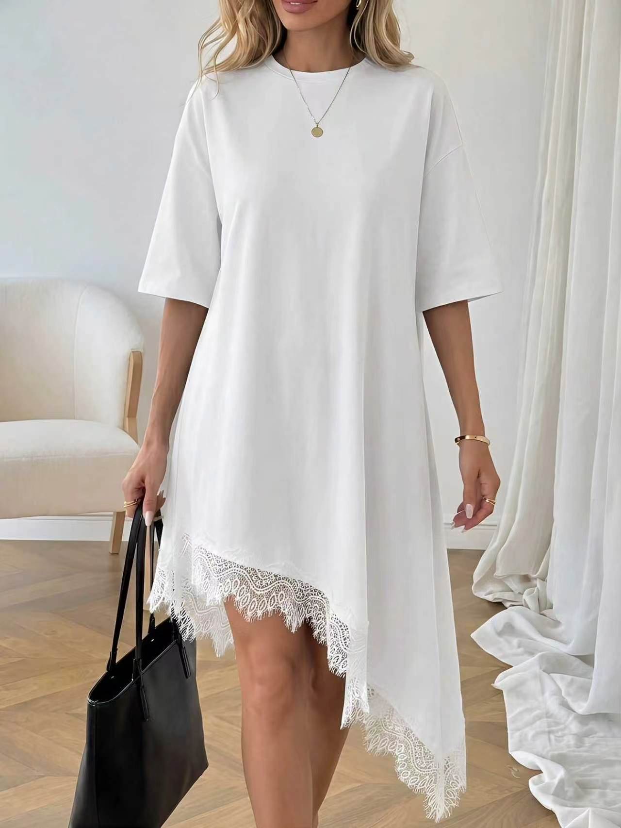 Women's lace trim asymmetric three-quarter sleeve dress by Plush Fashion Hub, featuring elegant lace details and stylish design.