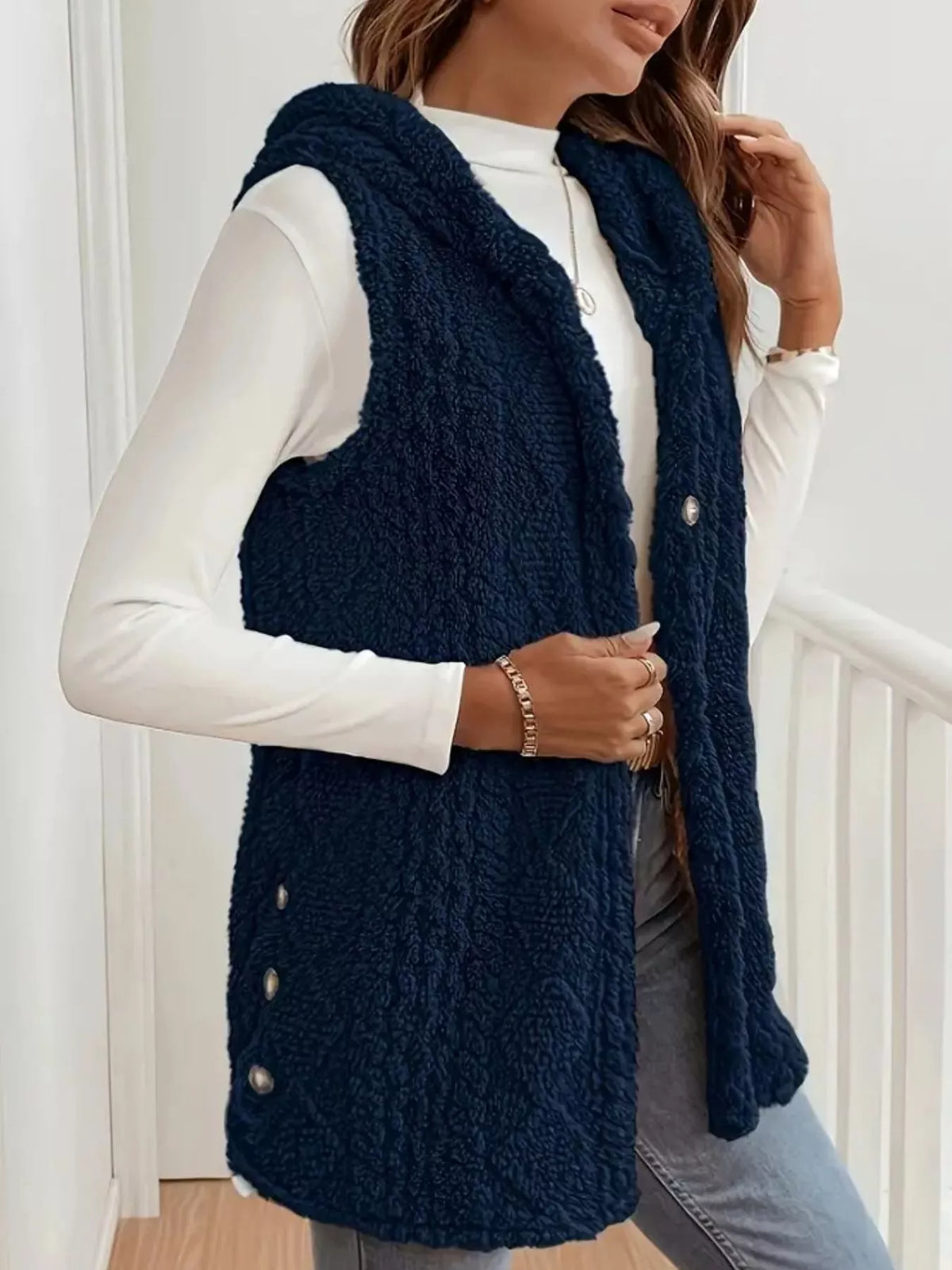 Simply Love hooded button-up sherpa vest coat with cozy fleece lining and a front button closure, displayed on a mannequin.