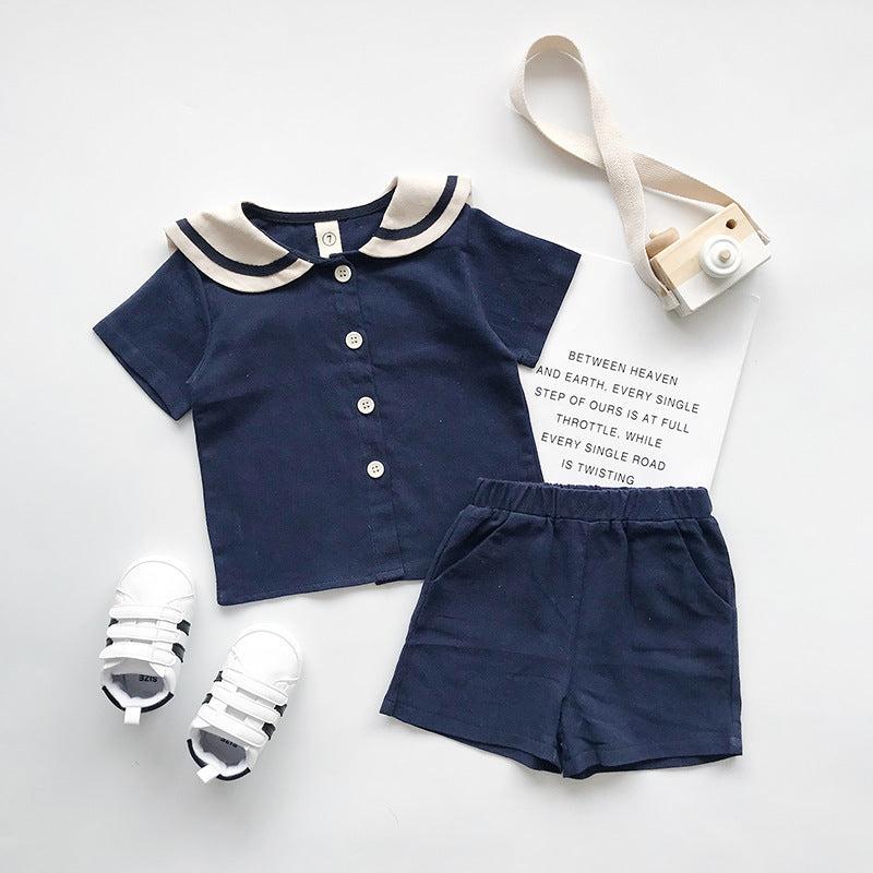 Boys and girls Navy solid short sleeves setsGear up for summer with our boys and girls Navy solid short-sleeved sets! Made with 90% cotton, these two-piece pants suits are perfect for both boys and girls. Say Infant setsPlush Fashions ShopPlush Fashion Shop