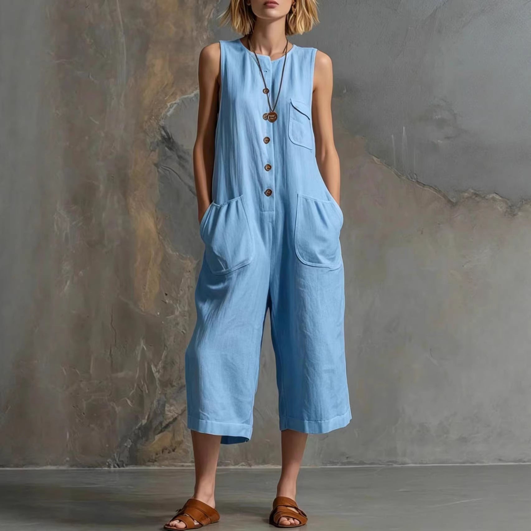 Women's retro sleeveless wide-leg cropped jumpsuit by FitiqueFit, casualwear, featuring a relaxed fit and stylish design.