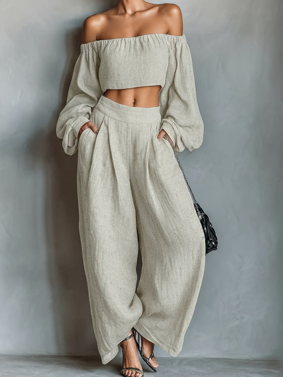 Plush Fashion Hub relaxed wide-leg trousers set with comfortable, flowing pants and matching top, perfect for casual or lounge wear.