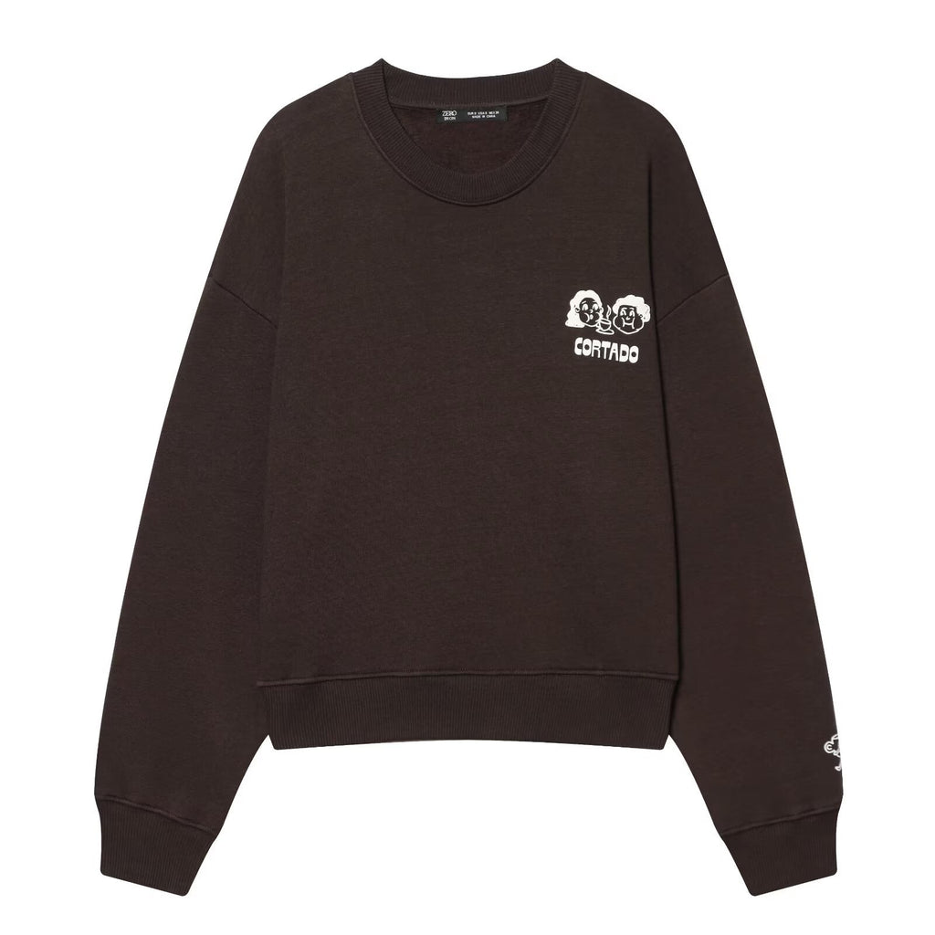Women's Printed Long Sleeve Casual Pullover Hoodie in Coffee Brown