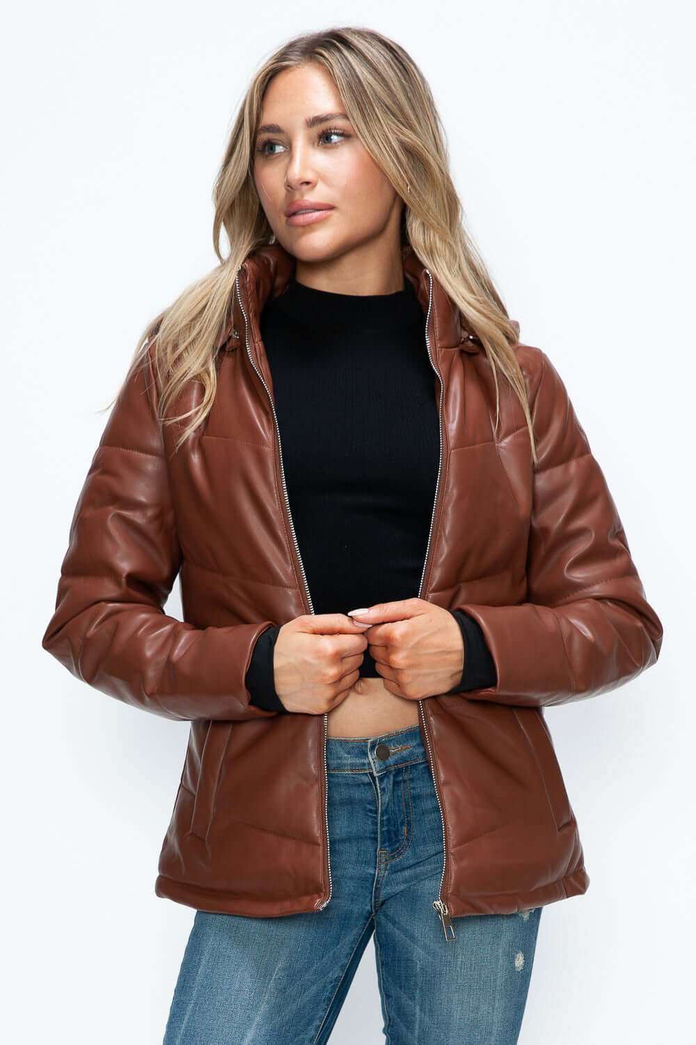 Pocketed Zip Up Puffer Jacket with Removable Hood in brown, featuring a zip-up front and versatile style.