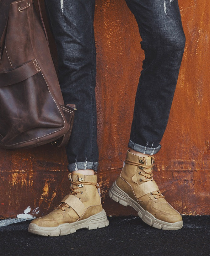 Stylish high-quality winter men's boots with a microfiber upper and non-slip sole, paired with casual denim and a leather bag.