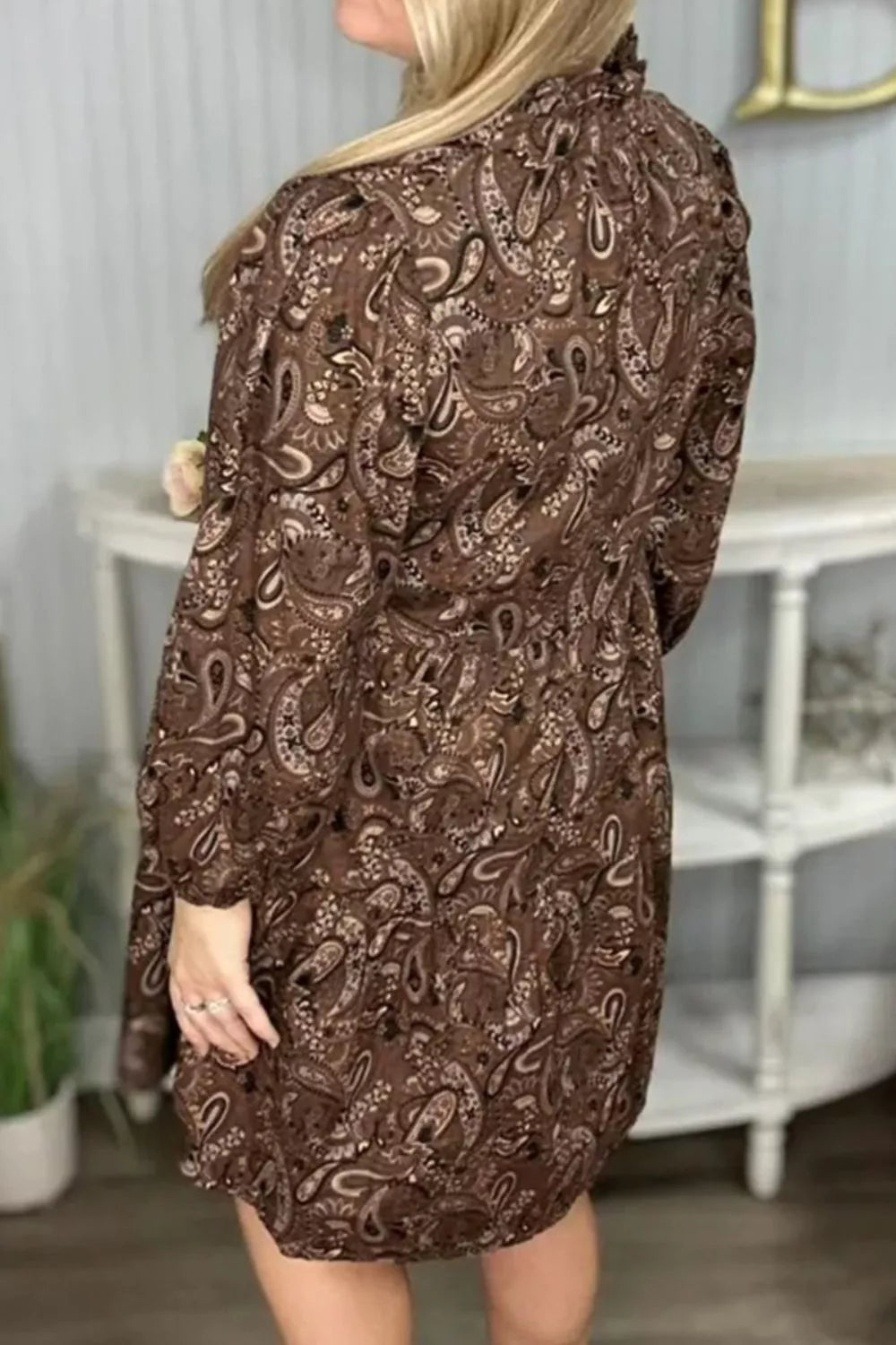 Plush Fashion Hub paisley print notched mini dress with short sleeves and a fitted silhouette, featuring a stylish V-neck design.
