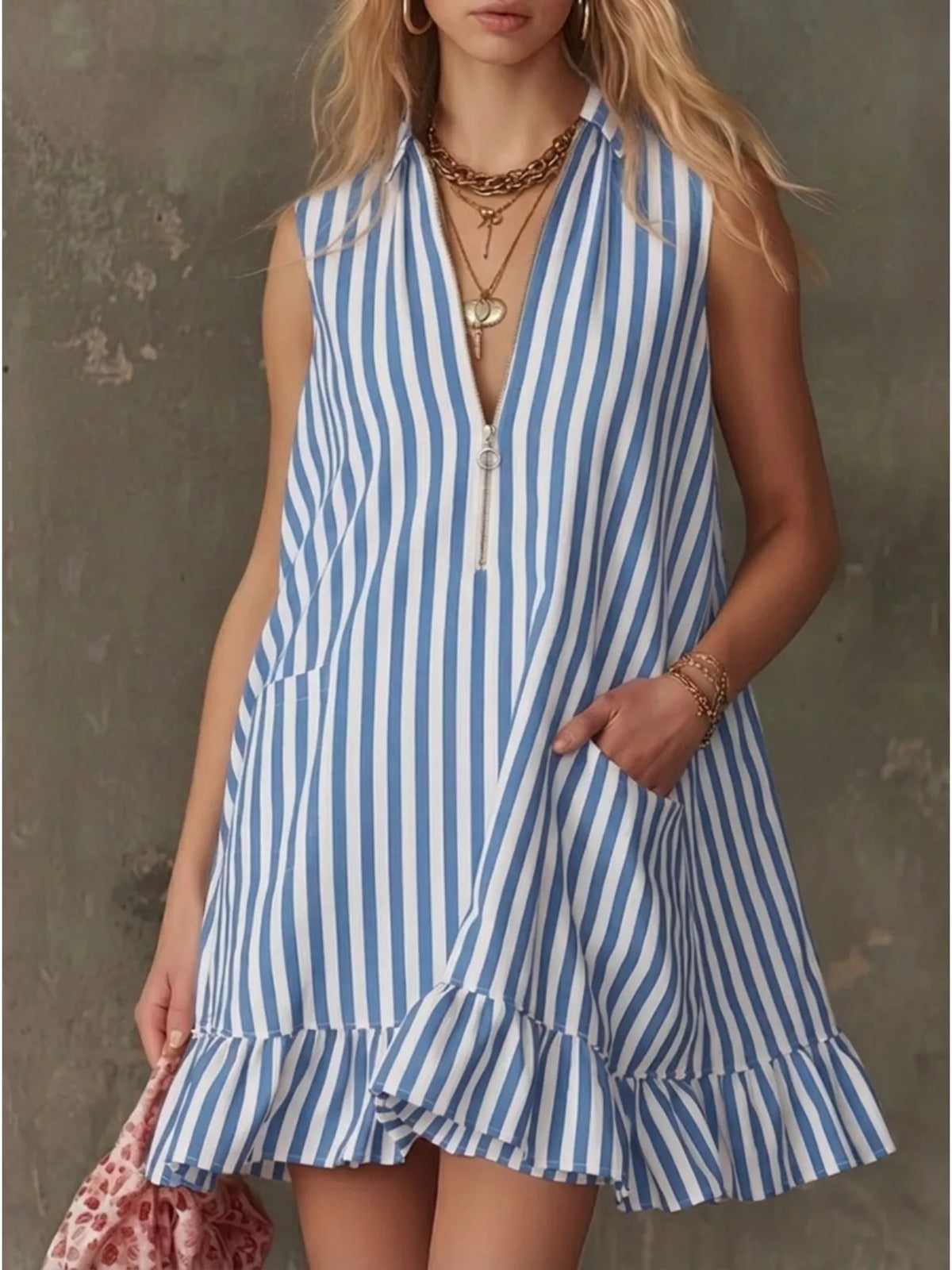 Striped zipper neck ruffle hem dress by Plush Fashion Hub, featuring a stylish design with vibrant stripes and ruffle details.