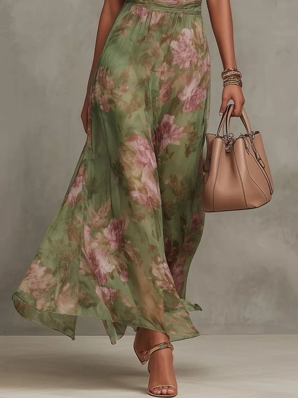 Plus size floral print sleeveless maxi dress from Trendsi, flowing full-length dress with vibrant floral pattern and sleeveless design.
