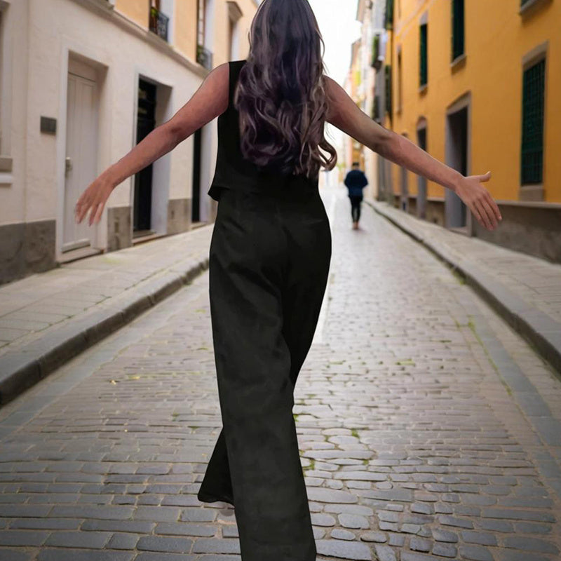 Women’s V-neck button-front vest and high-waist pants set by FitiqueFit, featuring a casualwear style with a stylish V-neck top and matching pants.